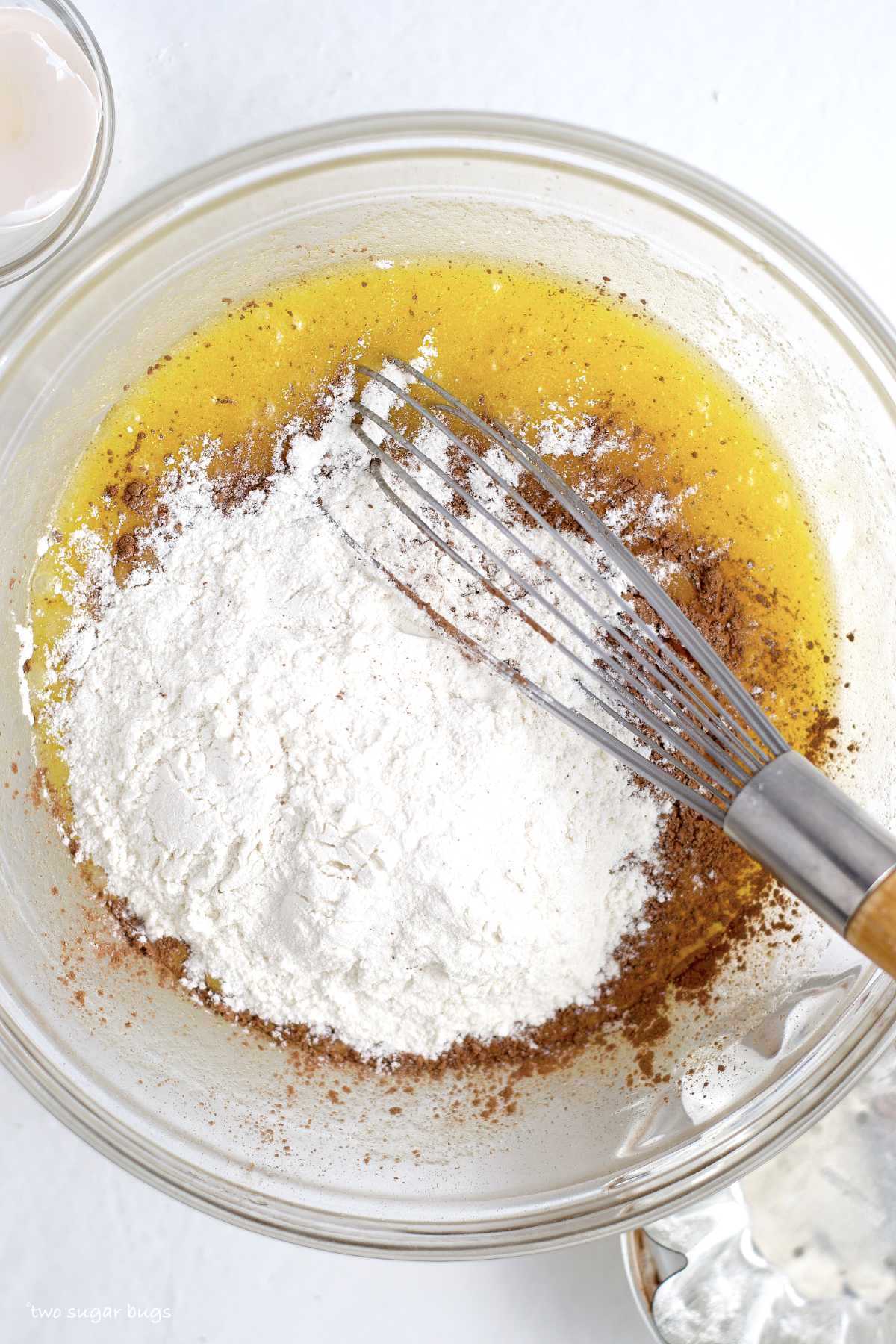 flour and cocoa powder added to wet ingredients